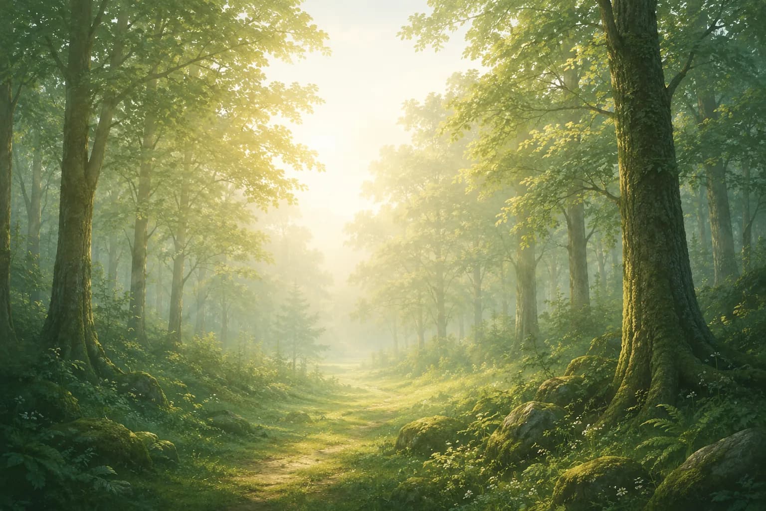 Sunlight filtering through a peaceful forest